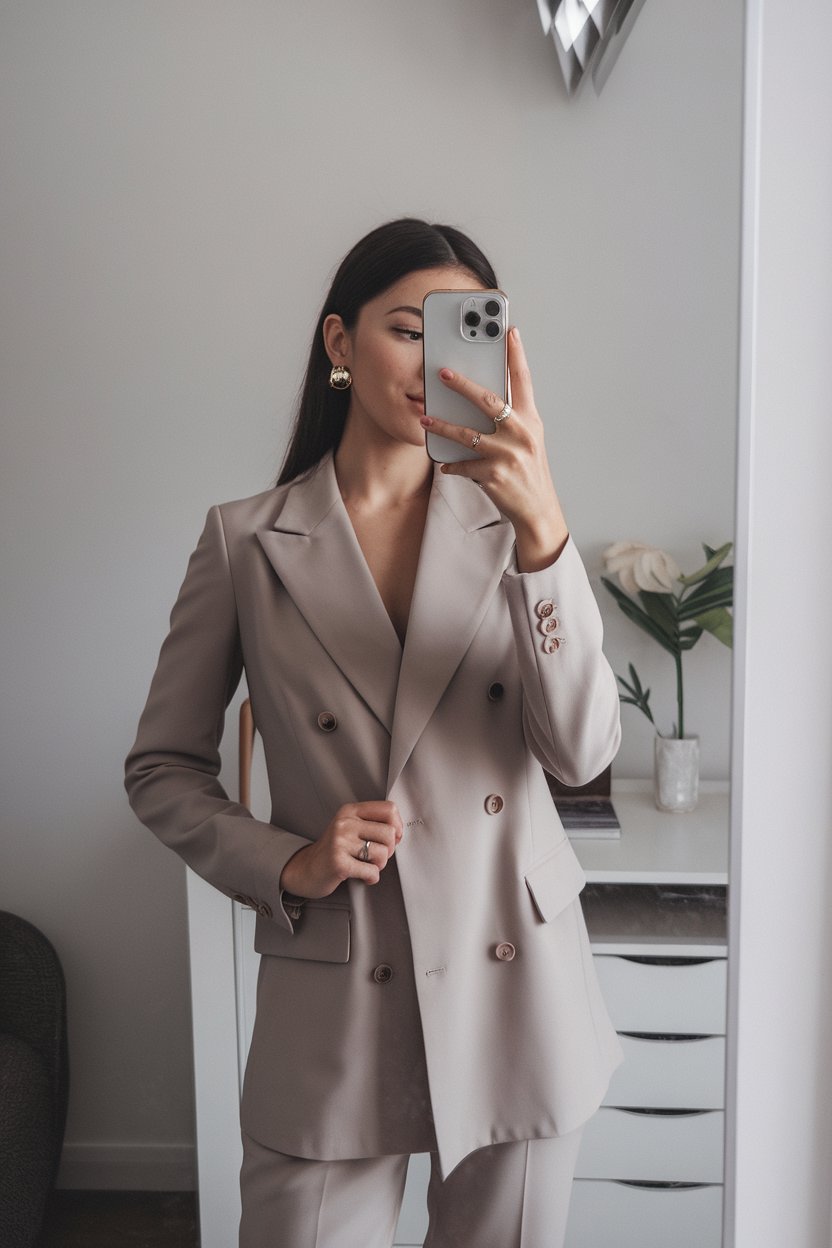 Japanese woman taking a mirror selfie wearing a
taupe monochrome office look with clean cuts, refined professional setting — women neutral tone office fashion.