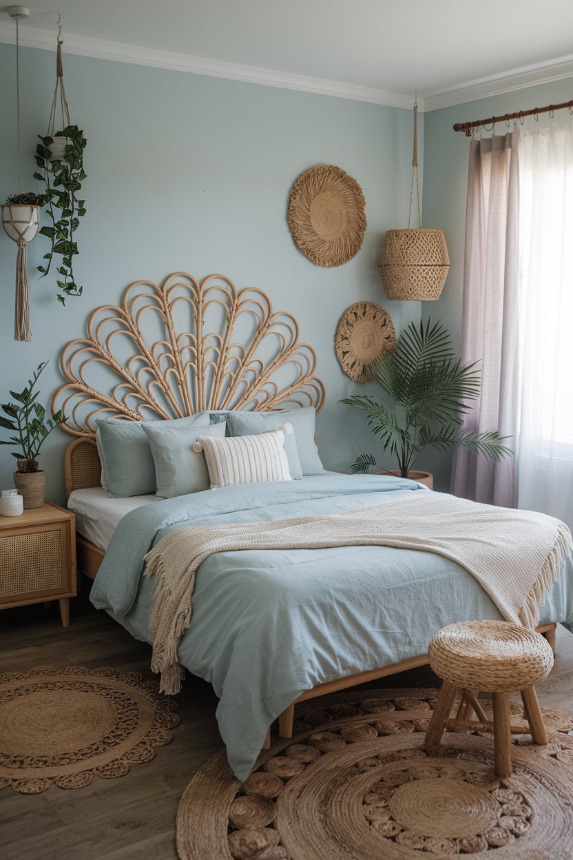 Light and airy blue boho kids’ bedroom featuring a woven rattan headboard, neutral bedding, natural wood accents, and hanging plants for a cozy, nature-inspired space