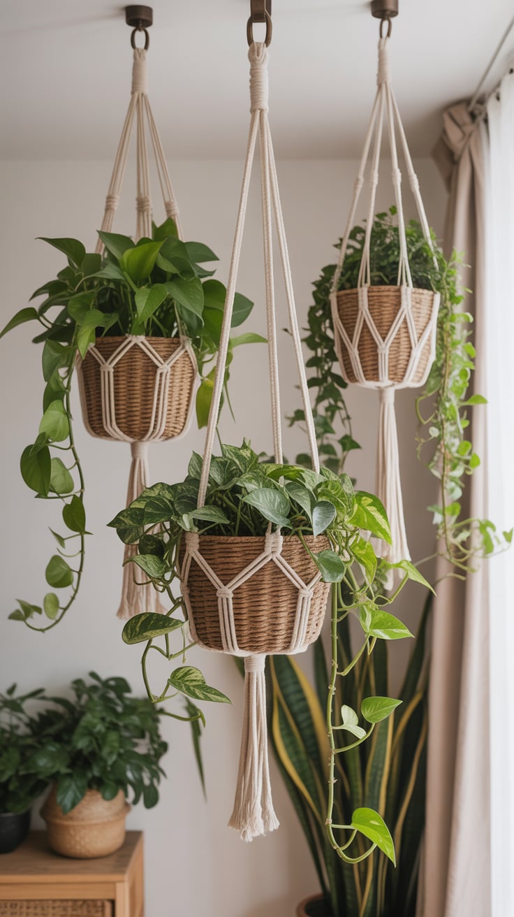 Hanging Planters for Height and Flow
Maximize vertical space with macramé hanging planters or woven baskets suspended from the ceiling. Group two or three at different heights to create a flowing, layered effect. Perfect for trailing plants like pothos, string of pearls, or ivy, this look adds movement and whimsy while keeping floor space open.