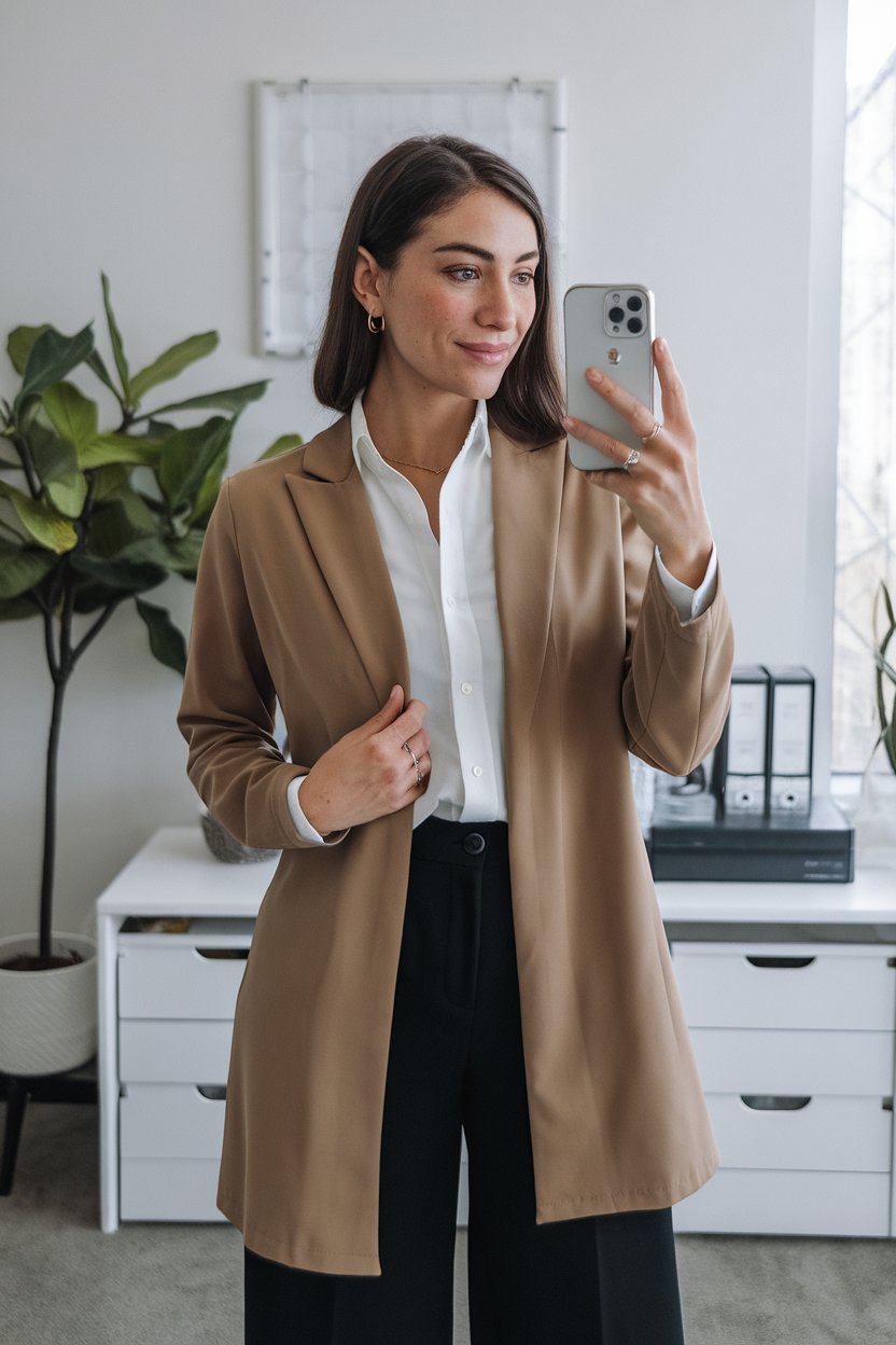 Japanese woman taking a mirror selfie wearing a
modern lightweight cardigan layered for office wear, sleek professional environment — women business cardigan outfits.