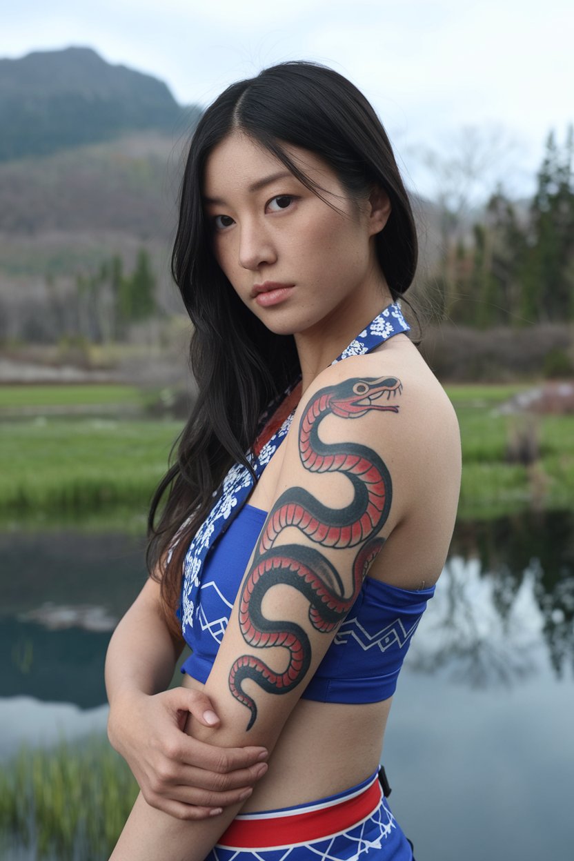 A Japanese woman with a highly detailed snake tattoo, shown in natural light.