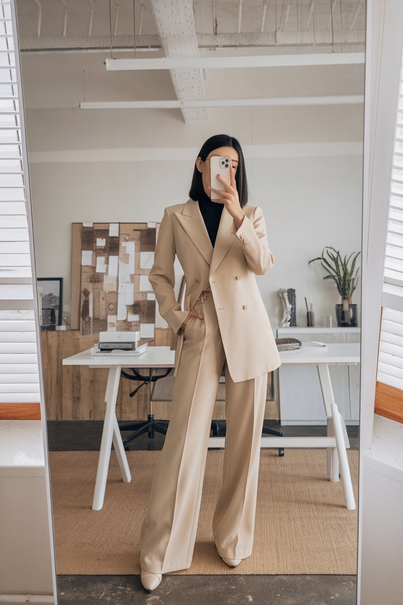 Japanese woman taking a mirror selfie wearing a
beige minimalist office outfit with tailored trousers, clean modern interior — women neutral tone office fashion.