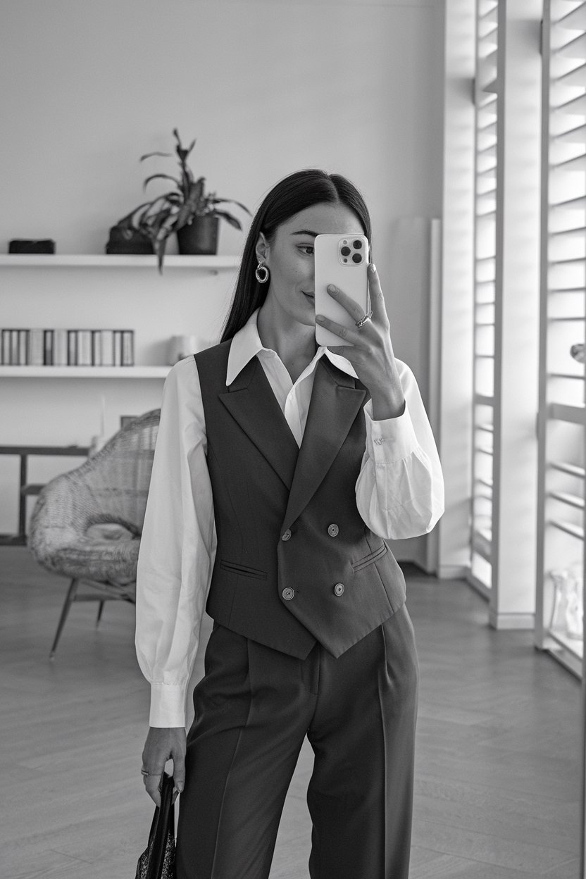 Japanese woman taking a mirror selfie wearing a
tailored vest layered over a crisp blouse with tailored trousers, clean modern interior — women business vest outfits.