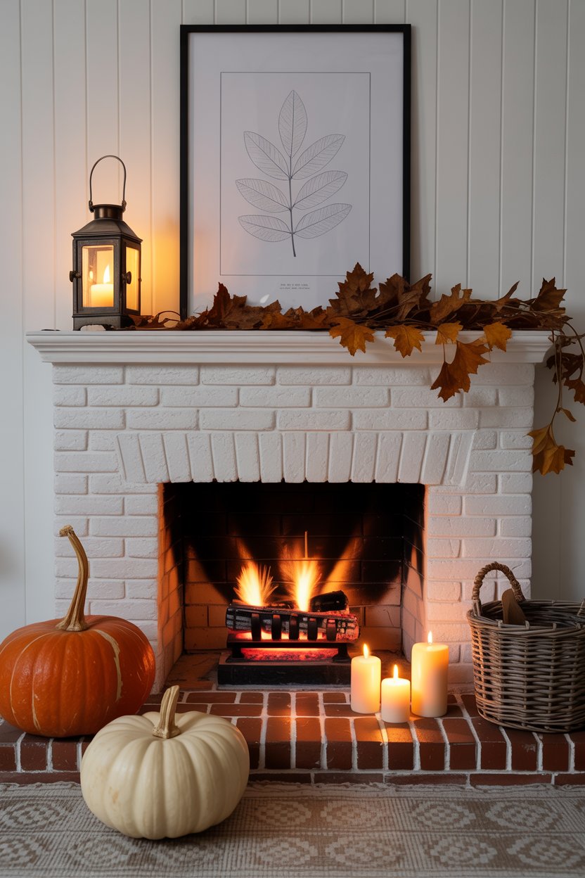 “Fall mantel styling ideas using a mix of pumpkins, lanterns, and books”

