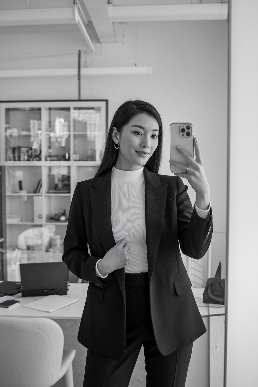Japanese woman taking a mirror selfie wearing a
fine-knit luxury office top with clean tailoring, elegant professional space — women luxury business basics.