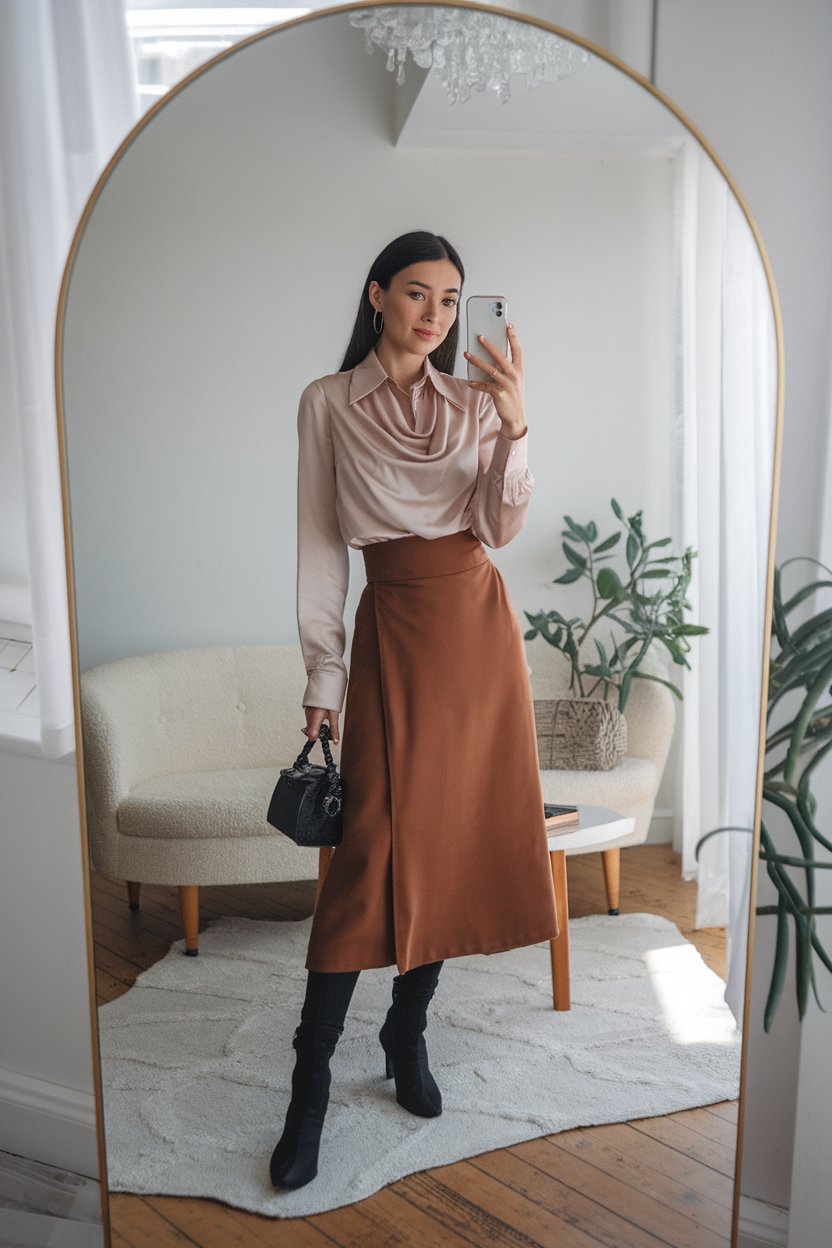 Japanese woman taking a mirror selfie wearing a
draped silk blouse paired with a structured midi skirt, elegant bright interior — women silk blouse business outfits.