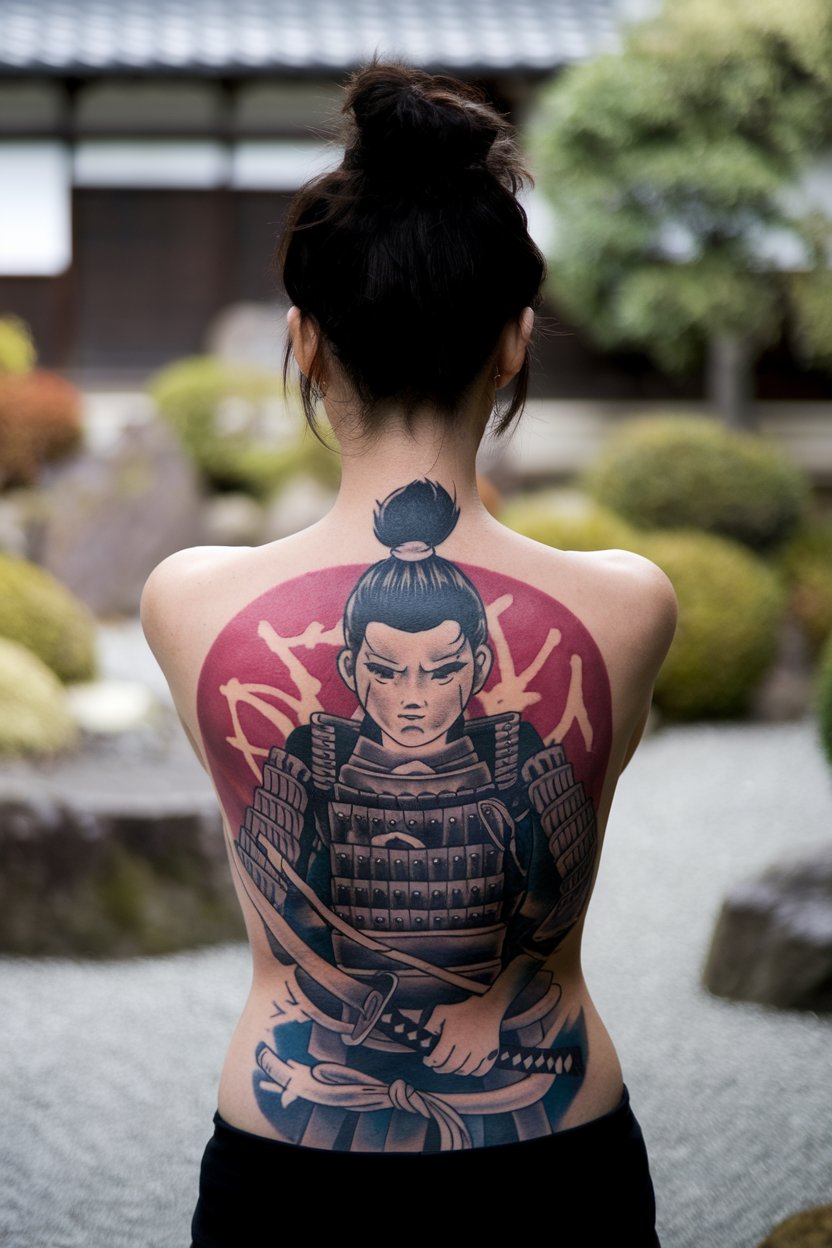 "Samurai Tattoo leg A detailed Japanese-style leg tattoo featuring a fierce oni mask intertwined with a dragon
