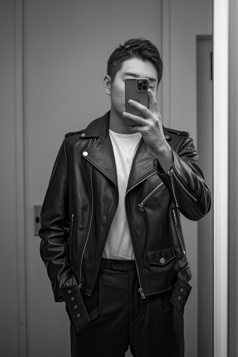 Japanese man taking a mirror selfie in a sleek
leather designer jacket paired with minimal trousers, soft refined lighting — tokyo mens designer fashion.