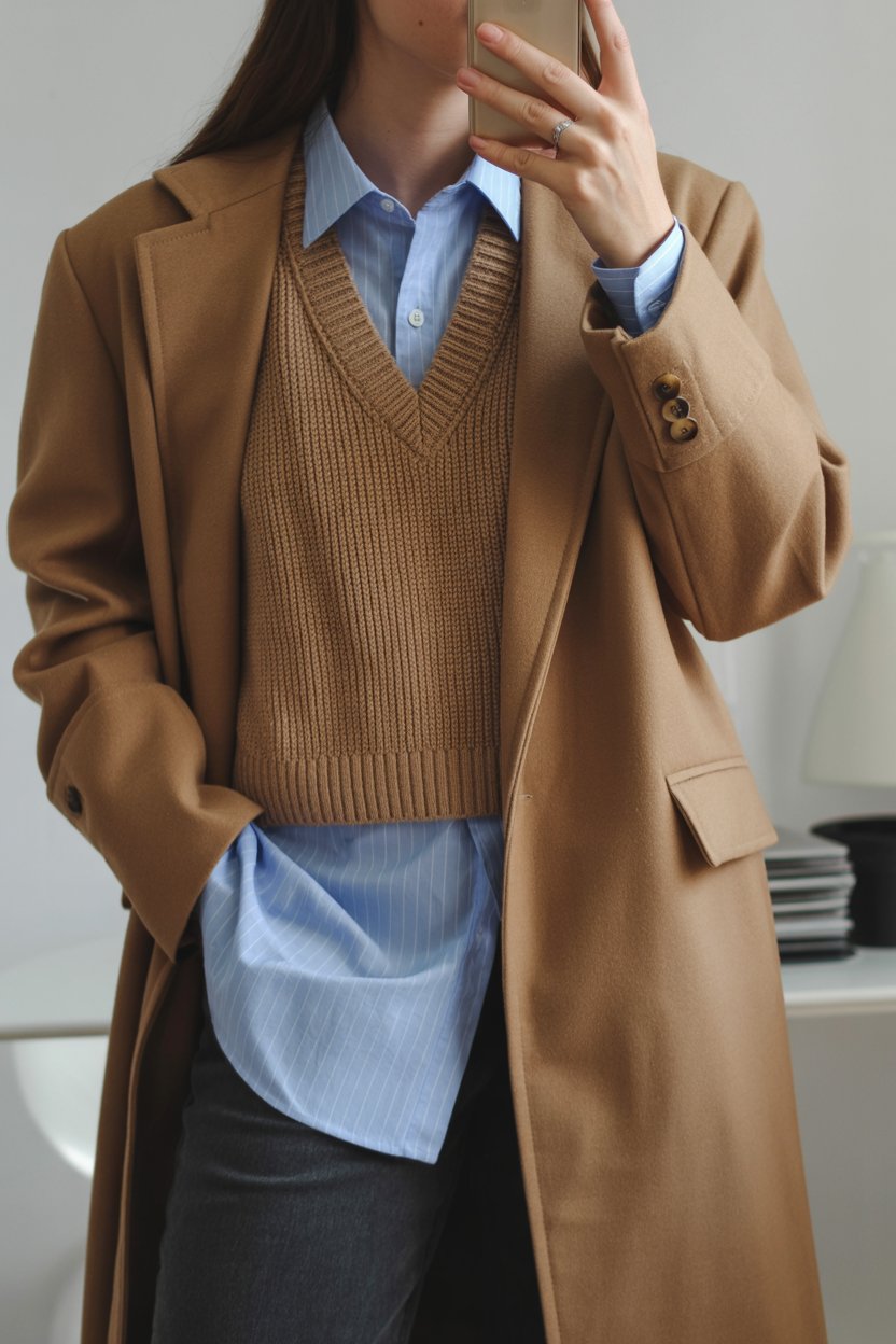 Young woman taking a mirror selfie wearing
layered office attire with a shirt, knit vest, and long coat. The shot is cropped above the shoulders, highlighting the cozy business-casual outfit.