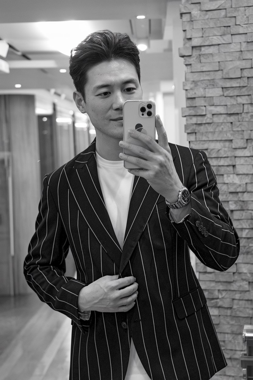 Japanese man taking a mirror selfie wearing a
premium tailored designer jacket with clean lines and luxurious material — tokyo mens designer fashion.