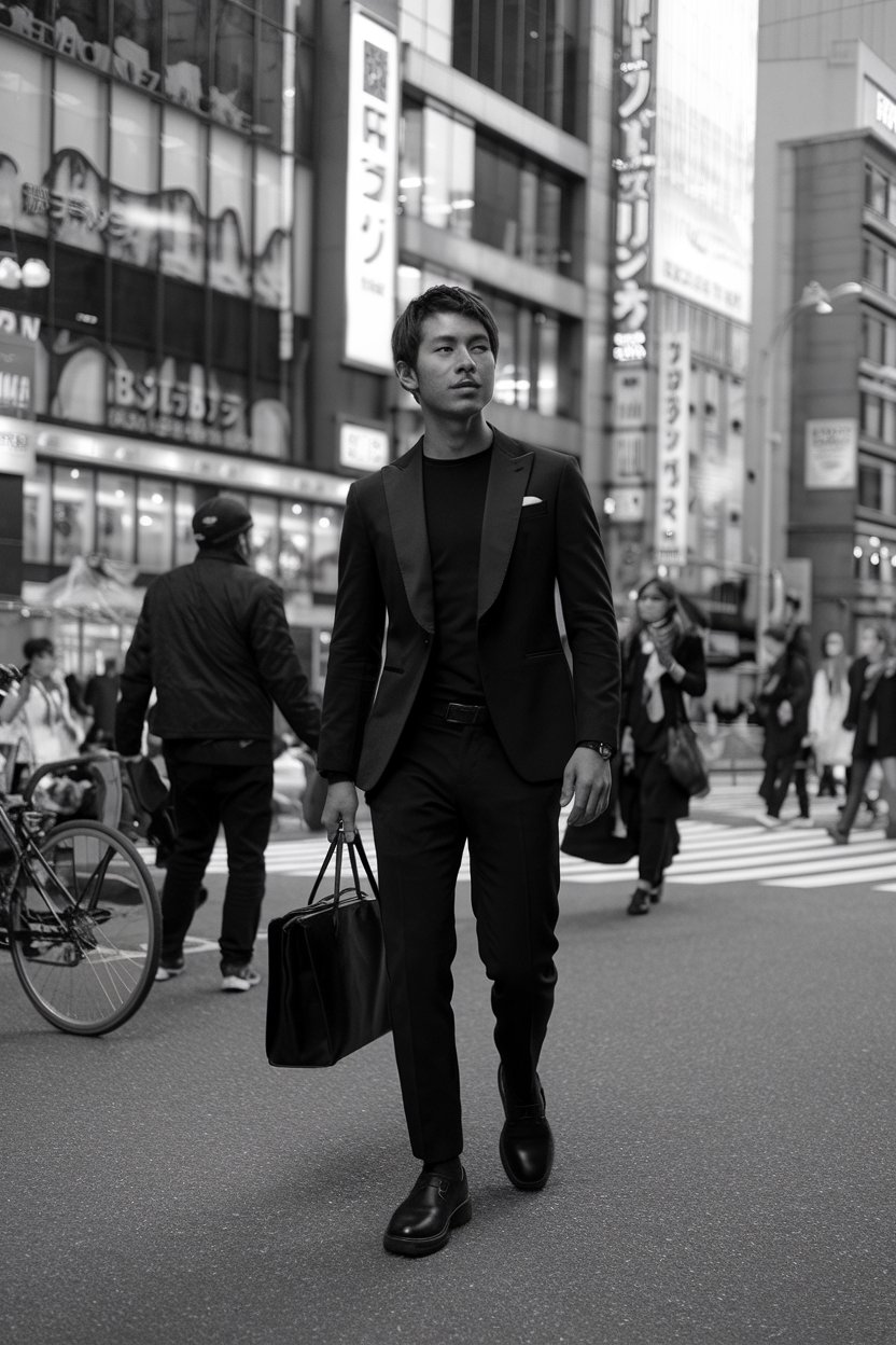 Japanese man in sleek all-black business-casual
streetwear with clean silhouette, Ikebukuro city backdrop — japanese street wear mens.