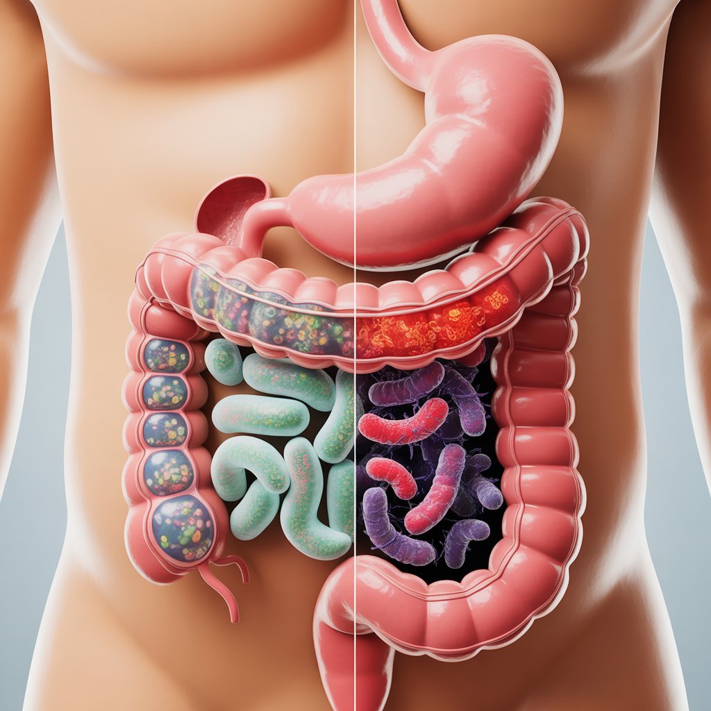 Healthy gut microbiome vs imbalanced gut bacteria illustration
