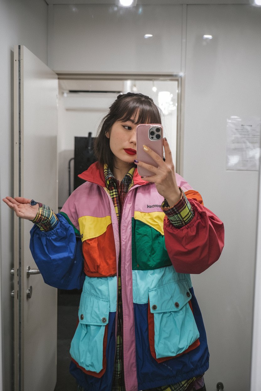 Japanese woman taking a mirror selfie wearing
colorful layered pieces with vibrant tones and bold combinations — harajuku women outfit ideas.