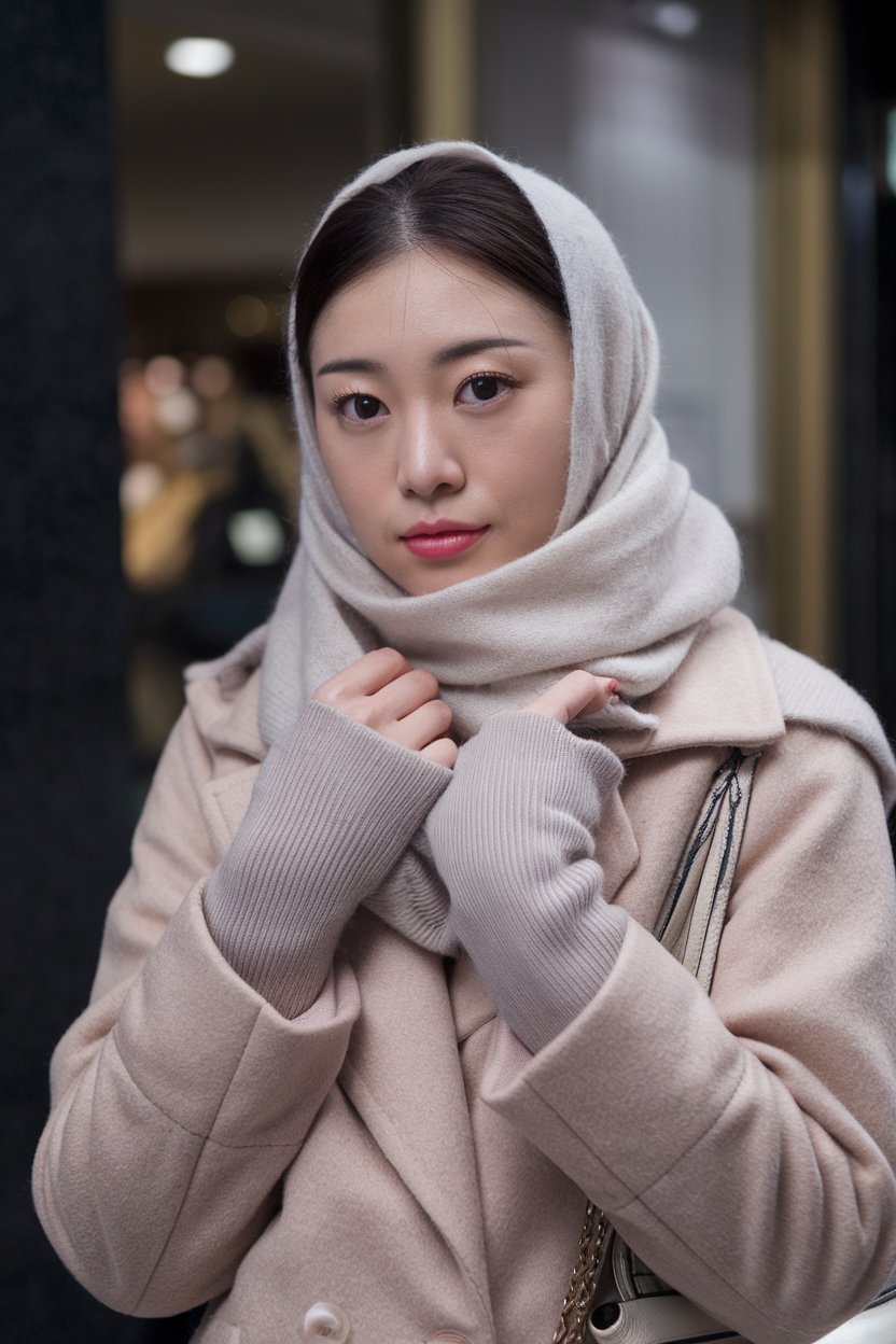 Japanese woman in luxury minimal winter outfit
with cashmere scarf and wool coat, high-end Ginza district — japanese fashion winter.