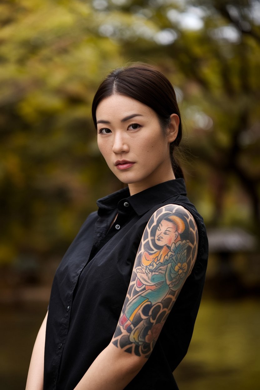 A soft-lit photograph of a Japanese woman featuring a beautifully shaded Japanese tattoo.