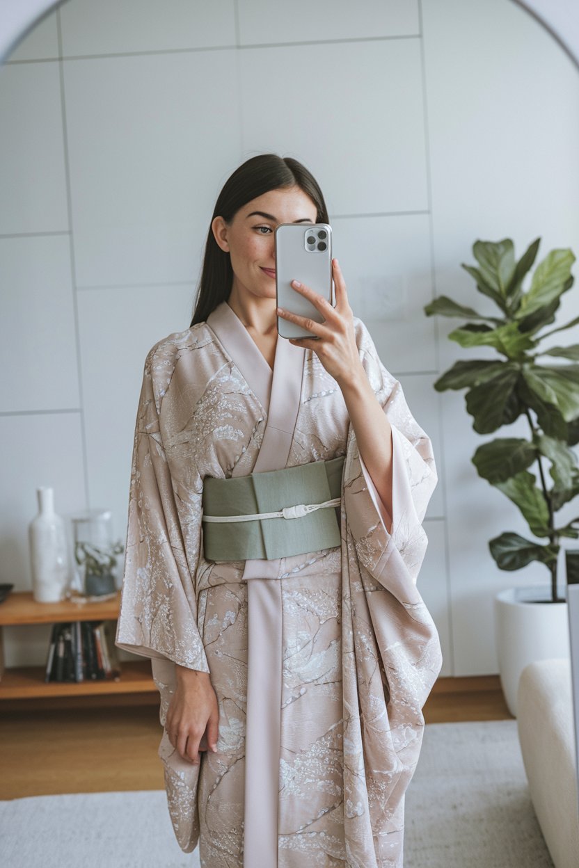 Japanese woman taking a mirror selfie wearing a
softly patterned modern kimono with a sleek obi belt, clean contemporary interior — japanese women kimono fashion.
