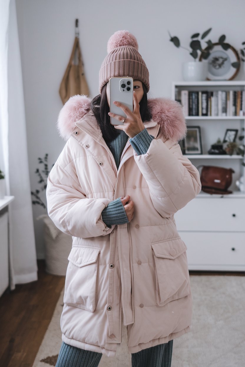 Japanese woman taking a mirror selfie in pastel
oversized winter coat with fuzzy accessories, clean cozy room — japanese women winter streetwear.