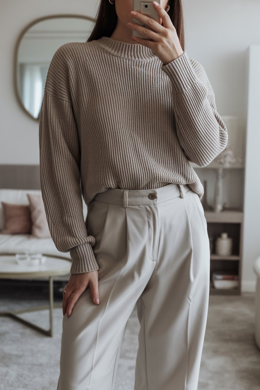 Woman capturing a mirror selfie in a fine-knit
sweater and high-waisted trousers, styled in soft neutral tones. Only her upper body and outfit are visible, with a tidy and modern interior behind her.
