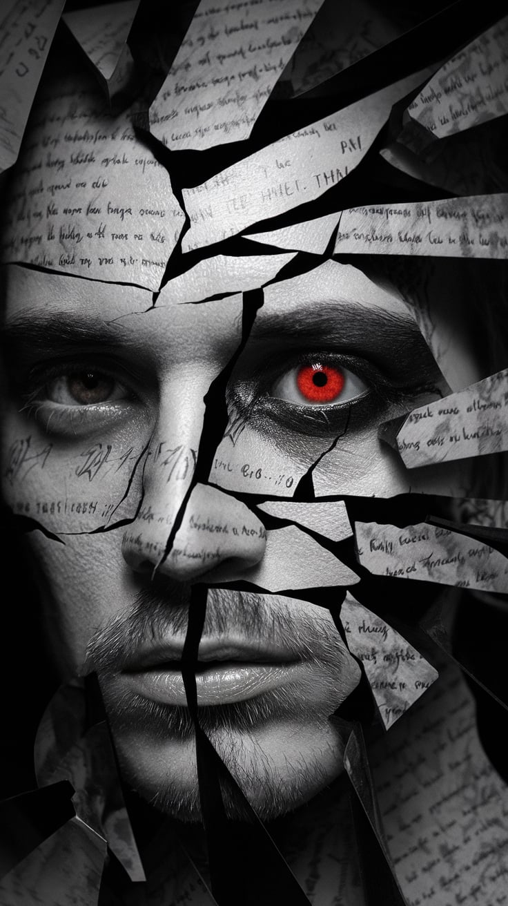 cRYZKQt4SQurJW-r1eqwDw A photo of a fragmented central face, predominantly in shades of black and gray, with a striking red eye. The face appears to be disintegrating or breaking apart, with pieces of text and symbols scattered across it. The text seems to be in a foreign script, and the symbols resemble handwritten notes or possibly some form of ancient or arcane script. The overall mood of the image is intense and mysterious, with the red eye being the focal point, drawing the viewer's attention immediately.