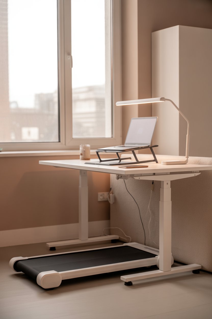 Minimalist apartment home office with a white standing desk on wheels placed over a slim under-desk walking pad treadmill, soft natural daylight from large window, neutral beige and white color palette, cozy modern aesthetic, laptop on ergonomic stand, LED desk lamp, clean cable management, small apartment vibe, realistic lifestyle photography, Pinterest aesthetic, ultra clean, soft shadows