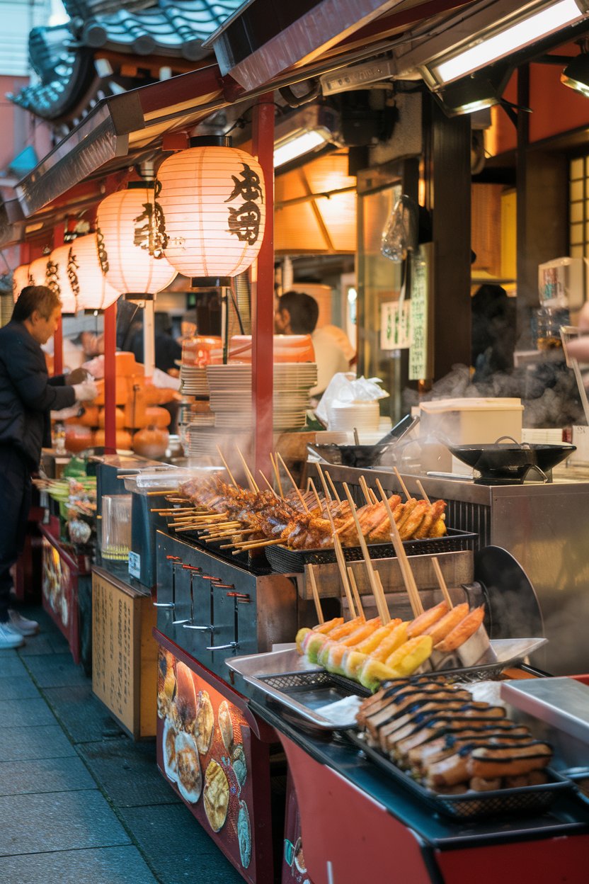A photo of a lively Japanese street food scene in
Asakusa, near Sensō-ji. There are vibrant food stalls with steaming yakitori, fresh taiyaki, colorful dango skewers, and other authentic Japanese dishes. The stalls are lit by warm lantern light. There are also vendors preparing dishes. The background contains the temple. The atmosphere is lively, and the image has rich textures and delicious details.