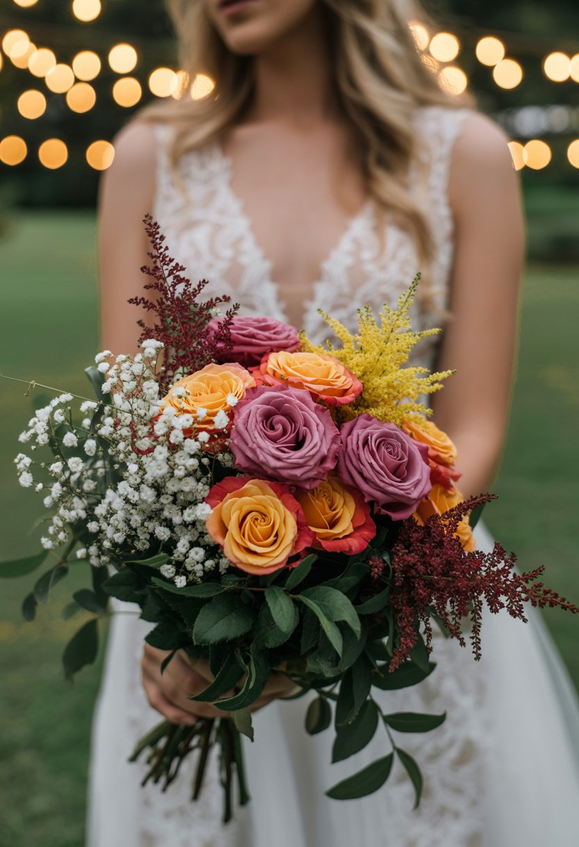Bride holding rustic fall bouquet with orange and wine-toned flowers.