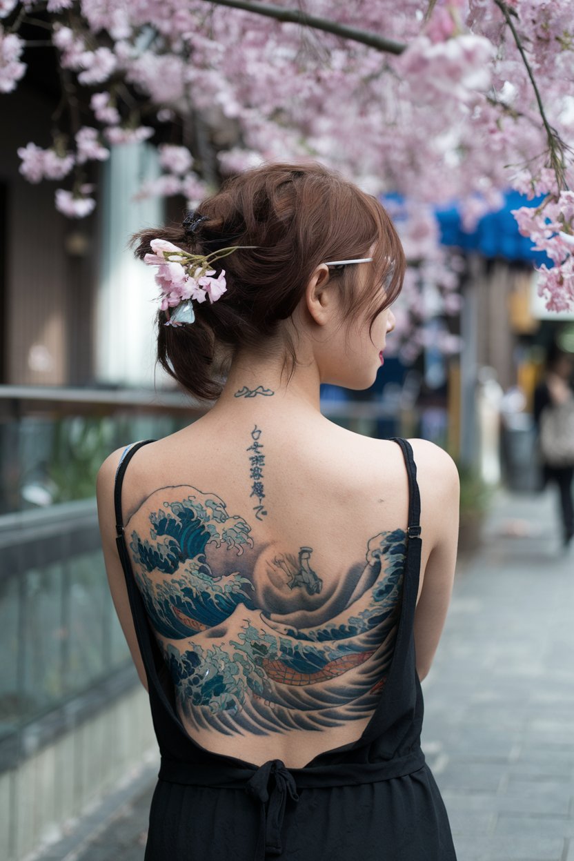 japanese woman with back tattoo waves and flowers