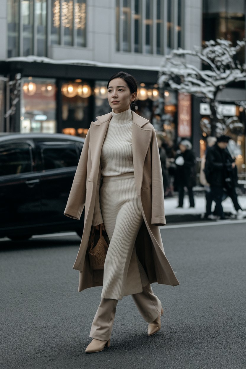 Japanese woman in coordinated minimalist knit
set, elegant Aoyama streets — japanese winter outfits.