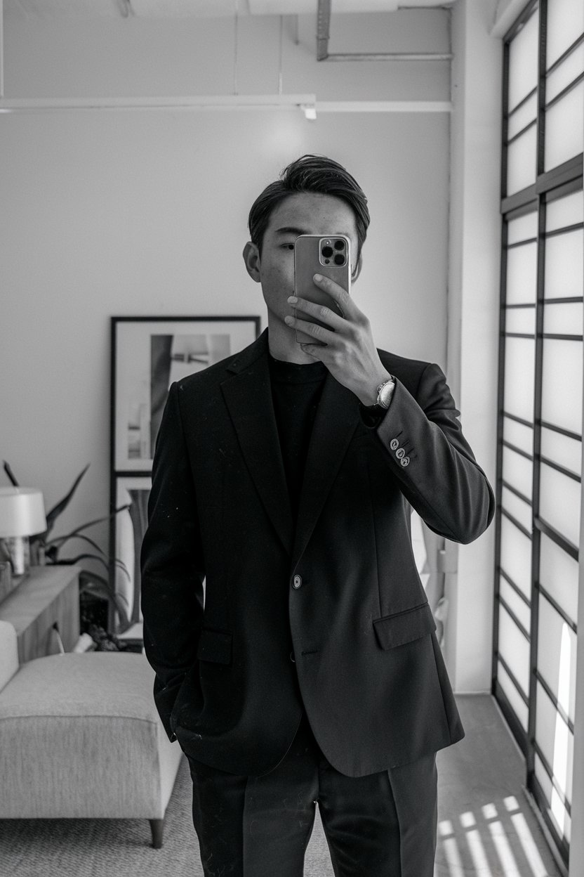 Japanese man taking a mirror selfie in all-black
business-casual streetwear with clean silhouette, modern minimal interior — japanese mens business casual.
