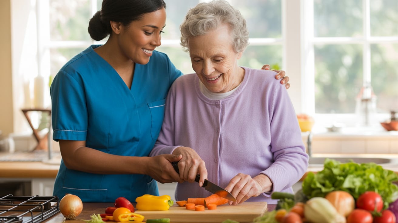 Carer supporting client with home reablement exercises