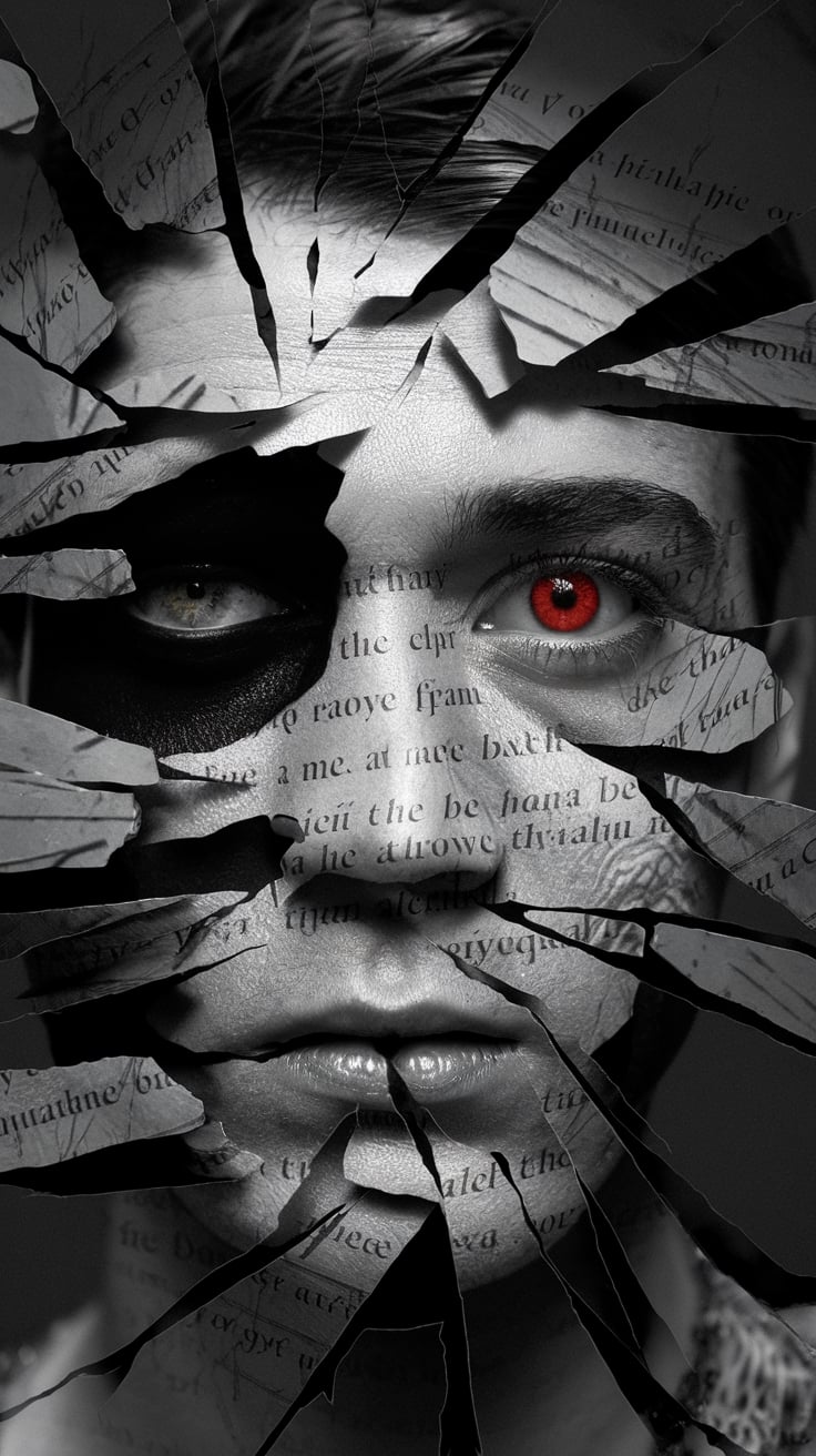 e_eYTyB-SM-jbjfpszjlrQ A photo of a fragmented central face, predominantly in shades of black and gray, with a striking red eye. The face appears to be disintegrating or breaking apart, with pieces of text and symbols scattered across it. The text seems to be in a foreign script, and the symbols resemble handwritten notes or possibly some form of ancient or arcane script. The overall mood of the image is intense and mysterious, with the red eye being the focal point, drawing the viewer's attention immediately.