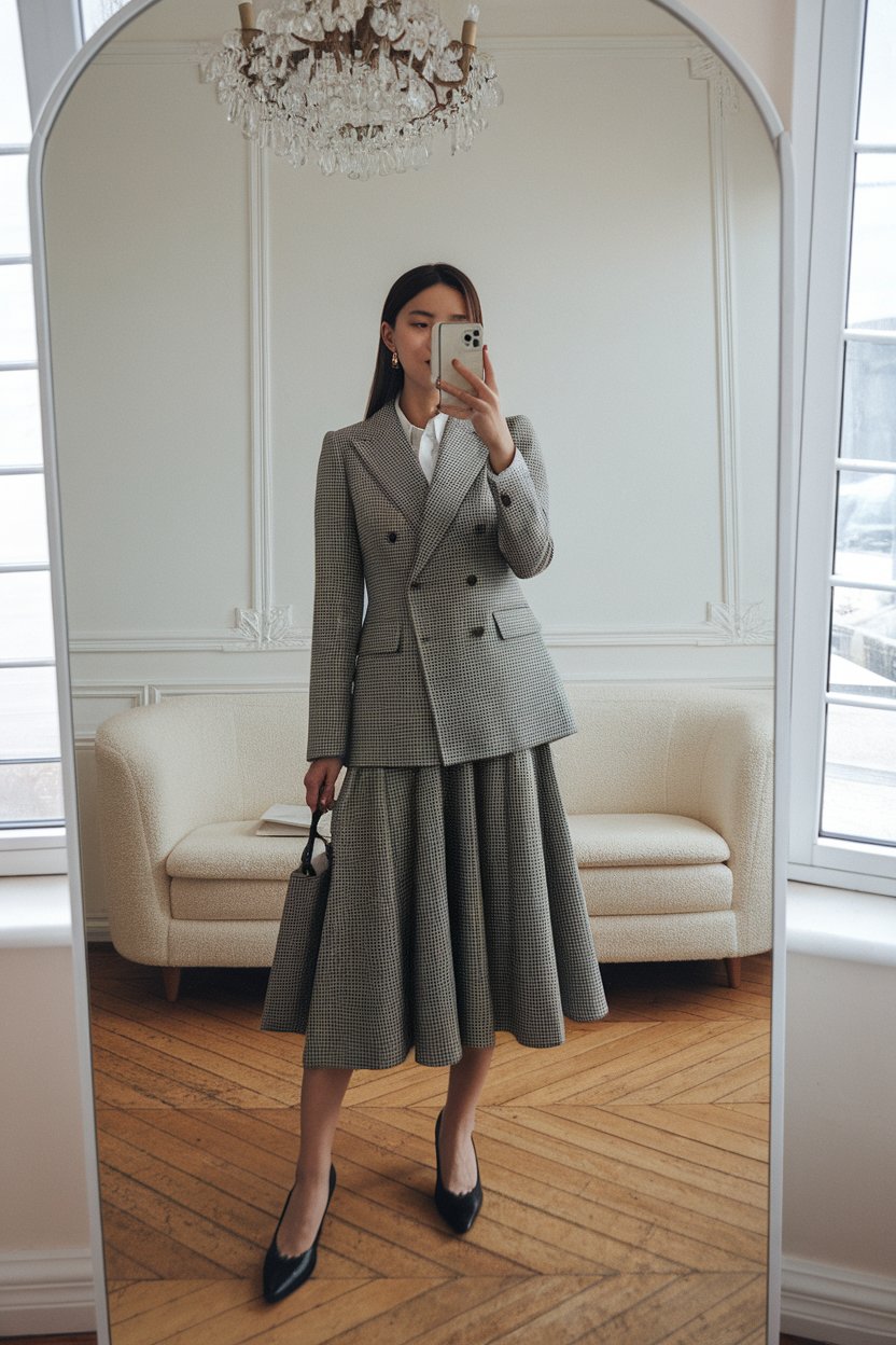 Japanese woman taking a mirror selfie wearing a
structured blazer paired with a midi skirt, elegant bright interior — women modern tailored office wear.