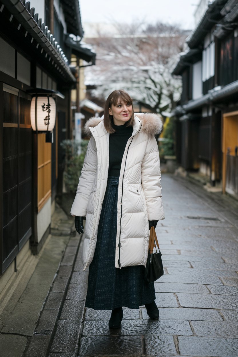 Japanese woman in haori-style winter coat with
modern minimalist outfit, Kyoto traditional streets — japanese winter outfits.