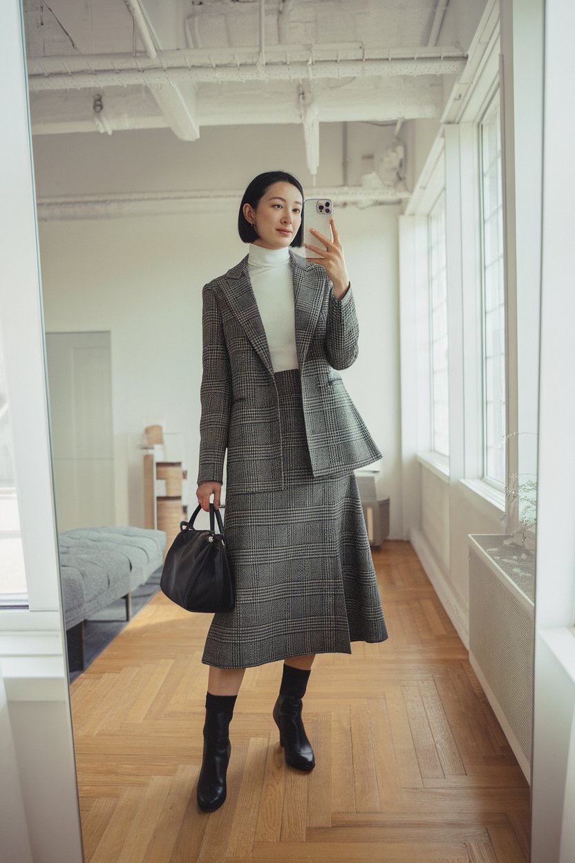 Japanese woman taking a mirror selfie wearing a
turtleneck paired with a structured midi skirt, bright minimalist interior — women business turtleneck outfits.