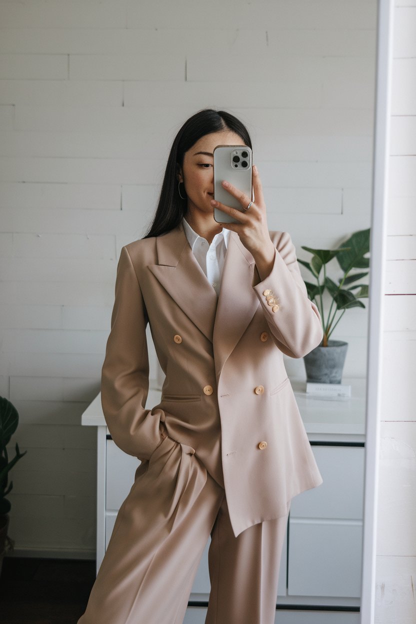 Japanese woman taking a mirror selfie wearing an
executive office outfit made from flowing fabrics with refined tailoring, calm professional setting — women business outfits soft fabrics.