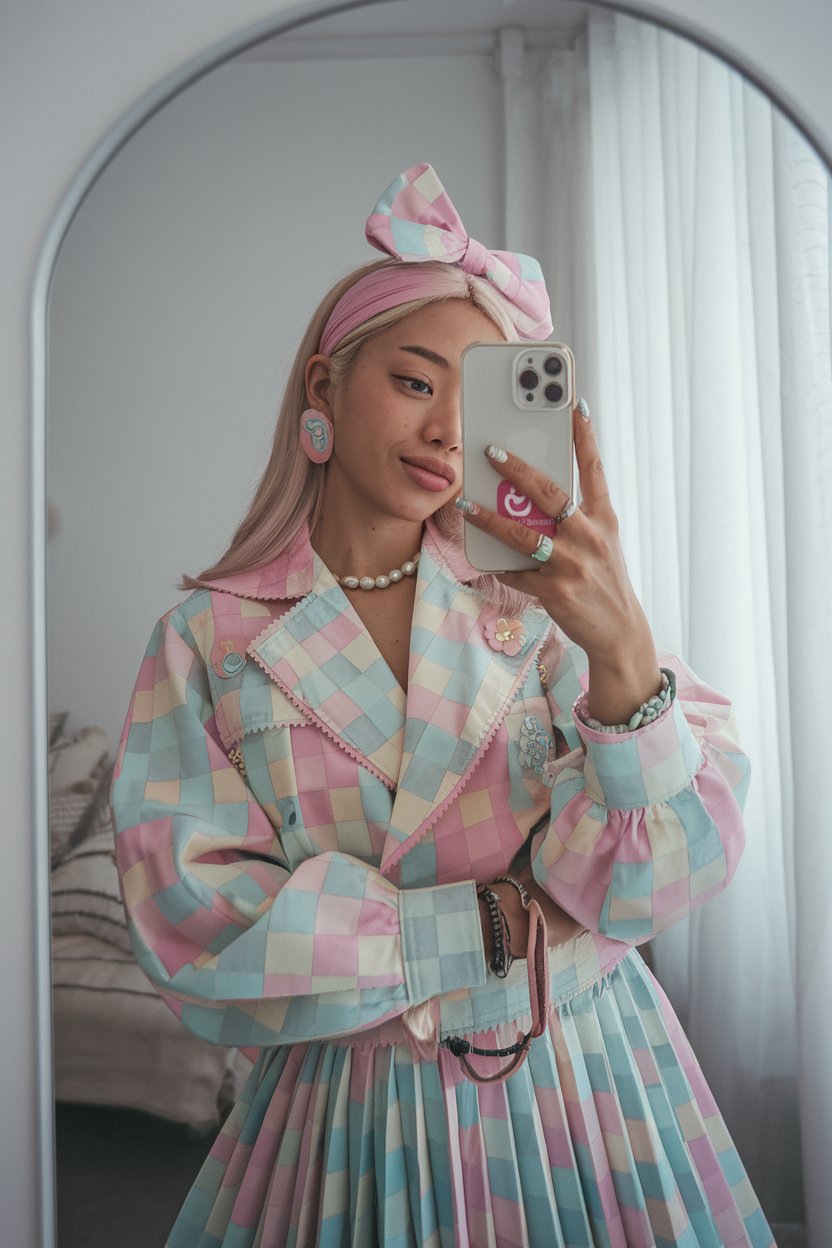 Japanese woman taking a mirror selfie wearing a
coordinated pastel Harajuku look with playful accessories — harajuku women outfit ideas.