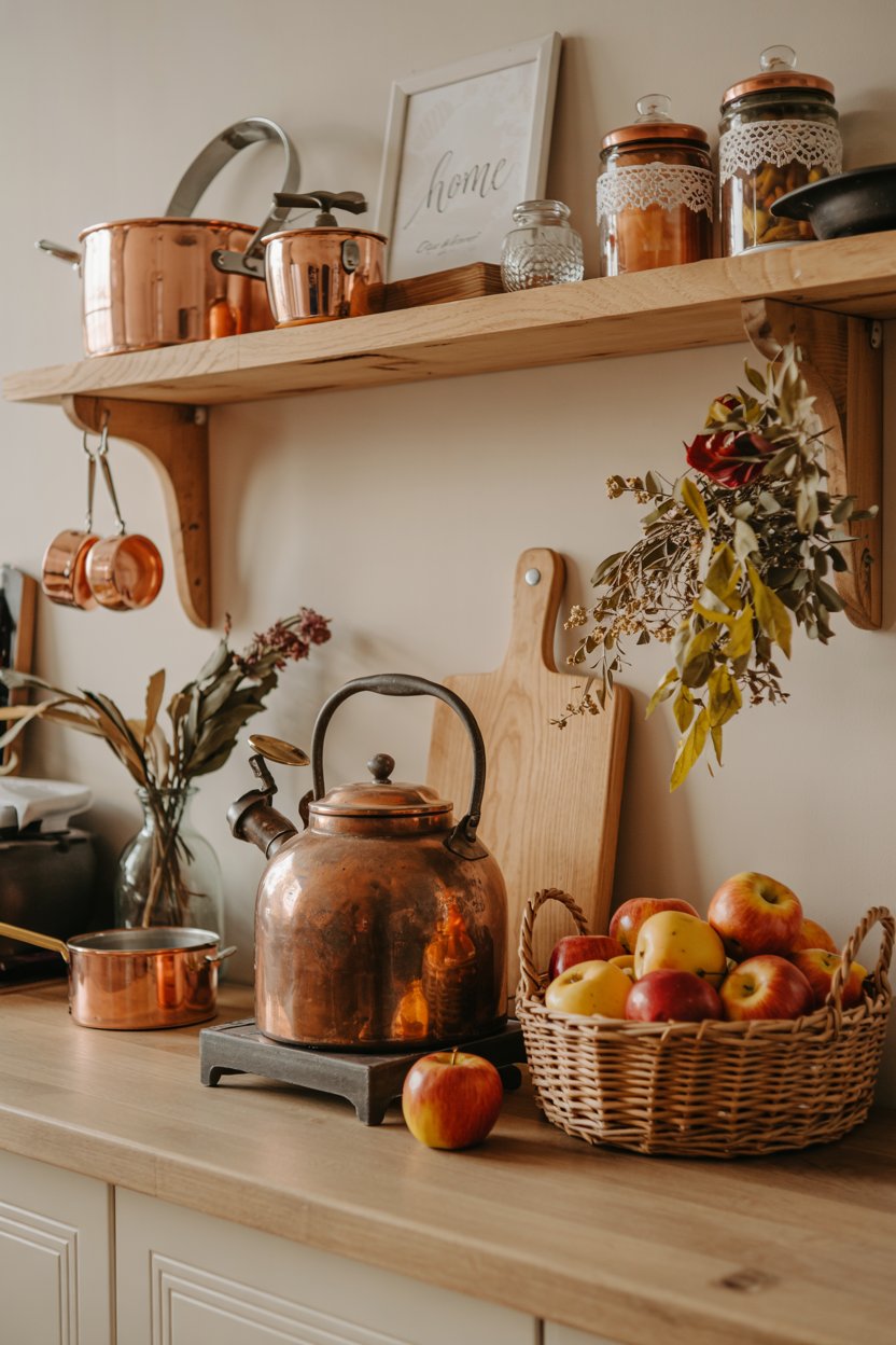 Rustic fall kitchen shelf with dried wheat bundles and fall leaves

