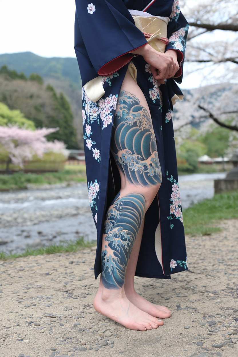 A photo of a Japanese woman with a traditional leg tattoo, her face included for full context.