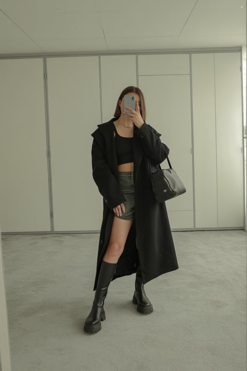 Young woman taking a mirror selfie in an all-black
winter streetwear outfit with a long coat and chunky boots. Her face is intentionally out of frame, creating a clean and stylish atmosphere.