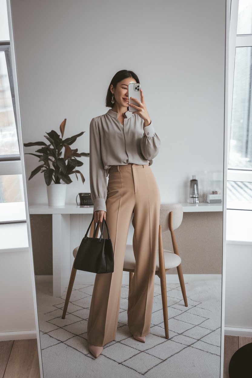 Japanese woman taking a mirror selfie wearing a
minimal blouse paired with straight-leg pants, sleek professional interior — women minimalist office fashion.