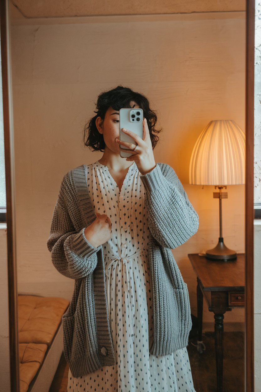 Japanese woman taking a mirror selfie in a
soft-fabric retro dress layered with a cozy cardigan, minimal warm interior — japanese women vintage fashion.