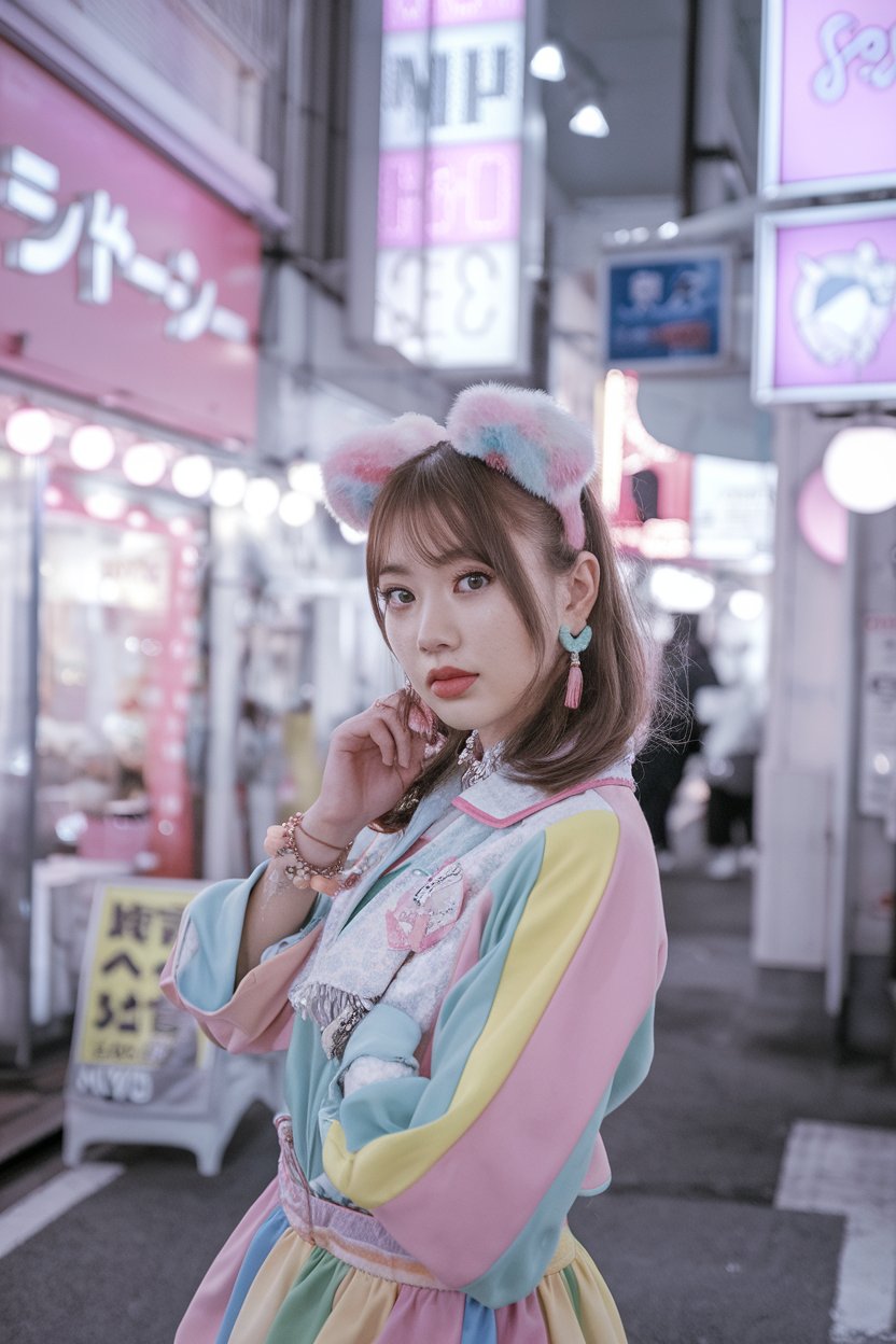 A photo of a Japanese woman with a kawaii-style,
Harajuku-inspired look. She is wearing a colorful outfit with pastel accessories. The woman is standing in a cute Tokyo street filled with bright signs and soft colors. The atmosphere is vibrant and cheerful.