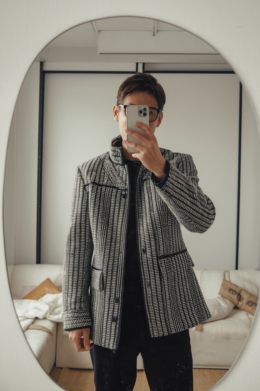 Japanese man taking a mirror selfie wearing an
avant-garde textured designer jacket made from premium fabric, minimal modern room — tokyo mens designer fashion.