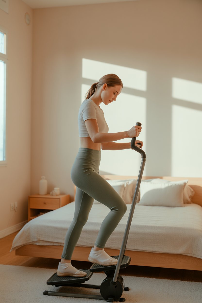Woman using a compact mini stepper in a small apartment corner, exercising quietly with resistance bands