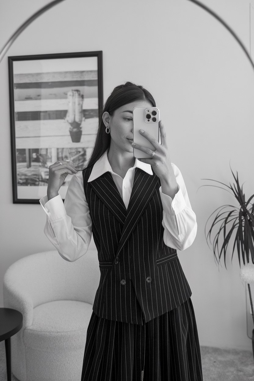Japanese woman taking a mirror selfie wearing a
monochrome business vest outfit with clean lines, elegant professional space — women business vest outfits.