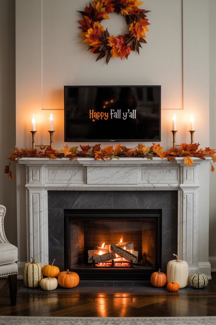 “Rustic fall mantel featuring natural wood, antlers, and dried flowers”

