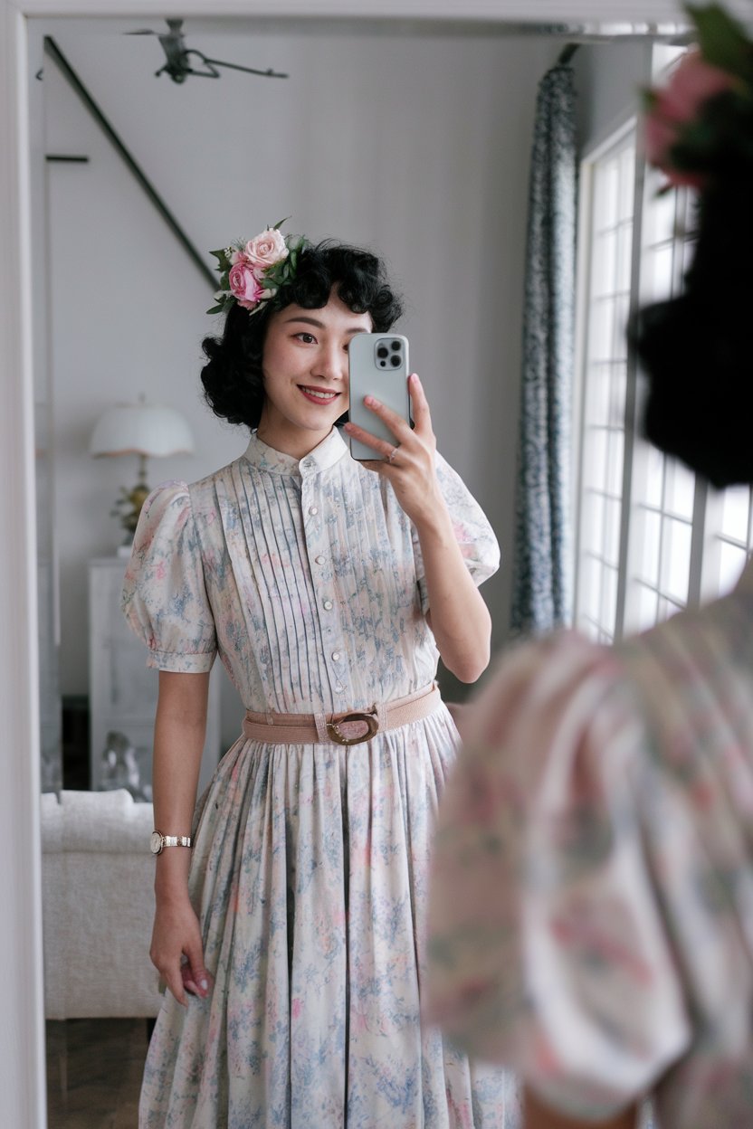 Japanese woman taking a mirror selfie wearing a
pastel vintage dress made of lightweight soft fabric, bright refined atmosphere — japanese women vintage fashion.