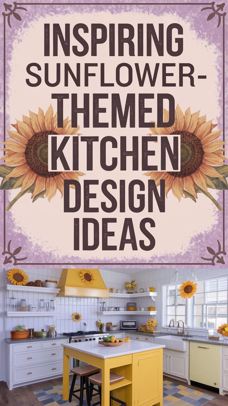 Step into a kitchen enchanted by the celestial splendor of Sunflower wall decor. Midnight blue cabinetry plays host to a stardust of sunflowers - in vases, decor, and possibly paintings. The golden hues of the window treatment, open shelves adorned with sunflower motifs, and a yellow rug are stars in this celestial dreamscape. The lighting, like soft moonlight, bathes the room in grace.