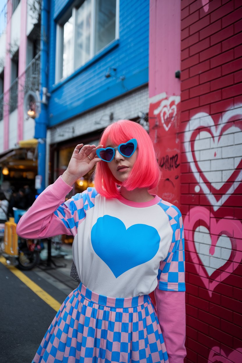 A photo of a Japanese woman in vibrant Harajuku
fashion. She has bright pink hair and is wearing a pink and blue checkered skirt, a white shirt with a large blue heart, and pink and blue heart-shaped sunglasses. She is standing in a colorful Tokyo street with a lively urban atmosphere. The street is lined with shops and has a red brick wall with white and pink heart graffiti. The background contains a blue building with pink and white stripes and a pink building with white windows.
