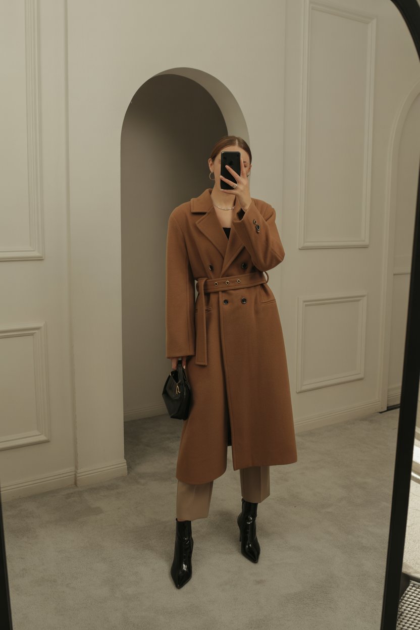 Woman taking a mirror selfie in a belted wool coat
with slim trousers and heeled ankle boots. Her face is intentionally out of frame, creating a refined evening-work atmosphere.